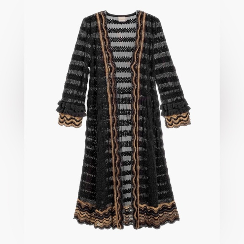 Chico’s Sz M (1) long Elizabeth Ruffle Cardigan black